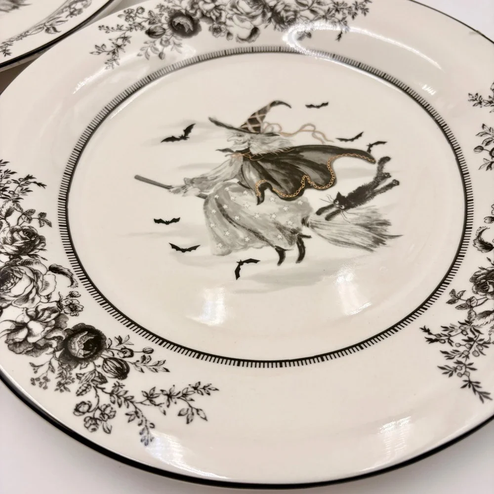 Potter's Studio Halloween Witch Black Cat Rose Dinner Plates Set of 2 Gold Trim
